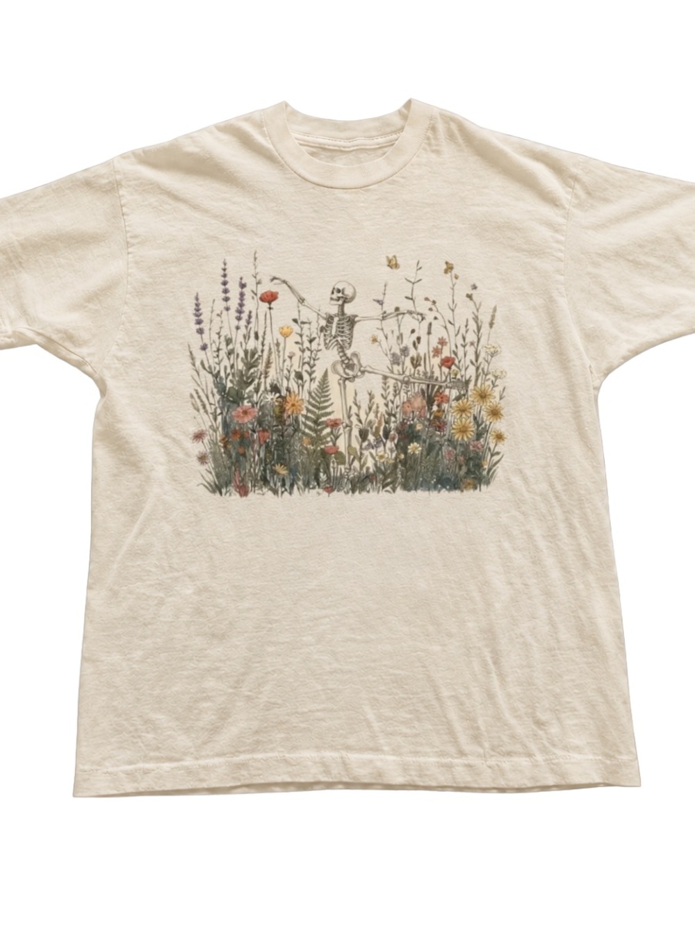 Gildan Cream Short Sleeve Tee with Dancing Skeleton Floral Graphic